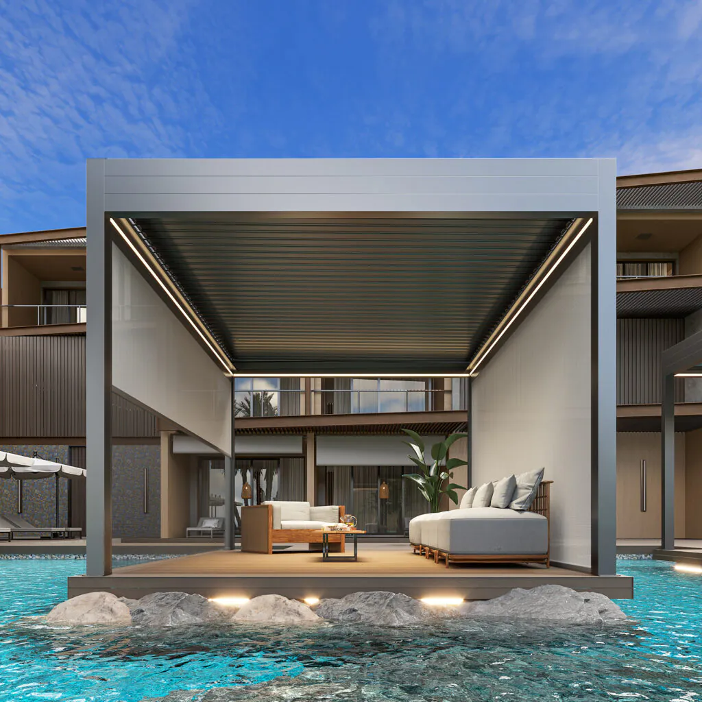 Cobertura retrátil Isla Alumina, da Copato, para transformar hotéis em oasis