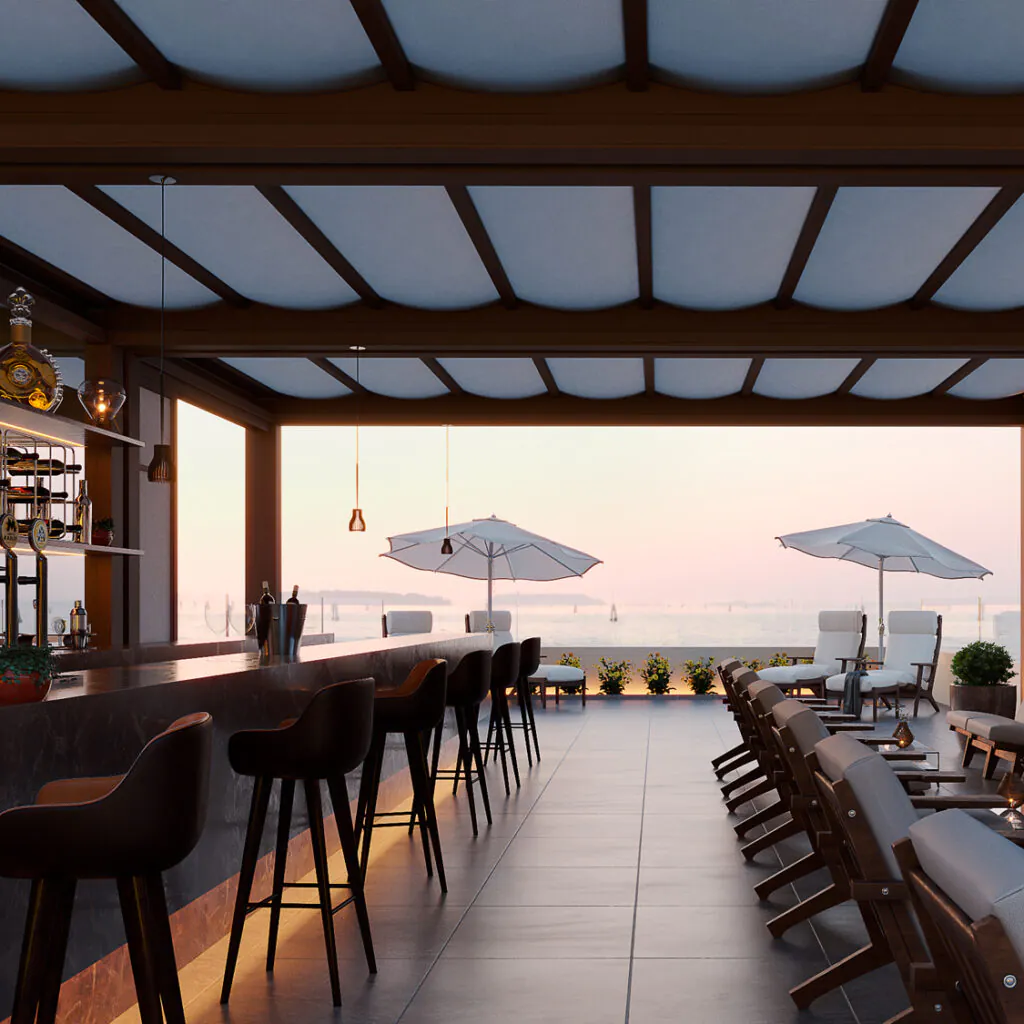 O ISLA, cobertura retrátil da Copato, em projeto de bar e restaurante